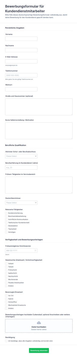 Bewerbung Als Kundenservice Agent Form
