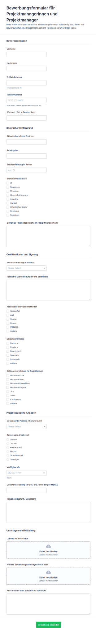 Bewerbung Als Projektmanager Form