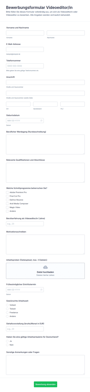 Bewerbung Als Videoeditor Form