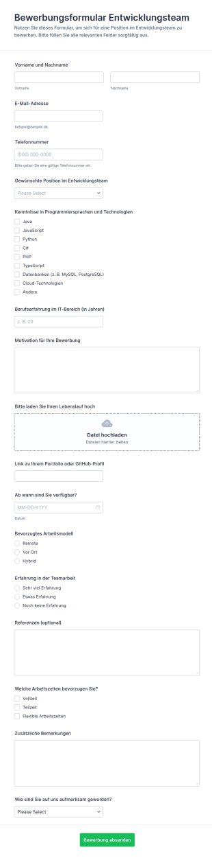 Bewerbung Für Das Entwicklungsteam Formular