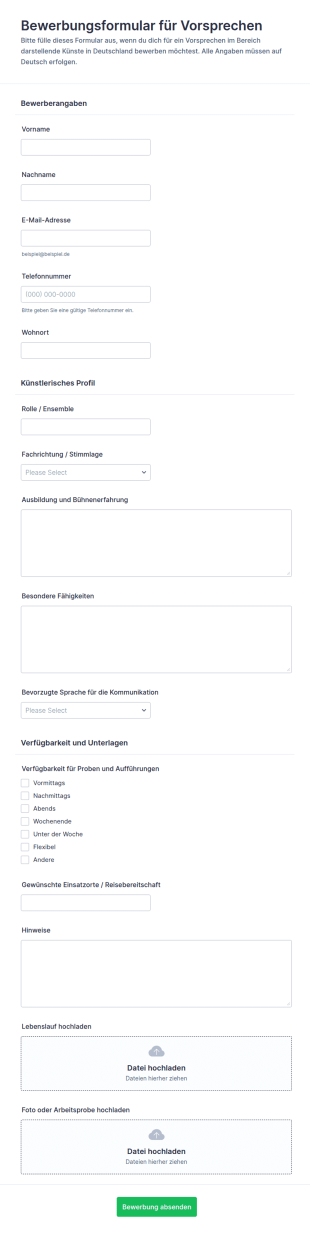 Bewerbung Für Eine Audition Form