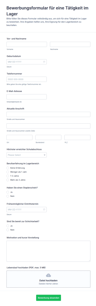 Bewerbung Für Eine Lagerarbeit Form