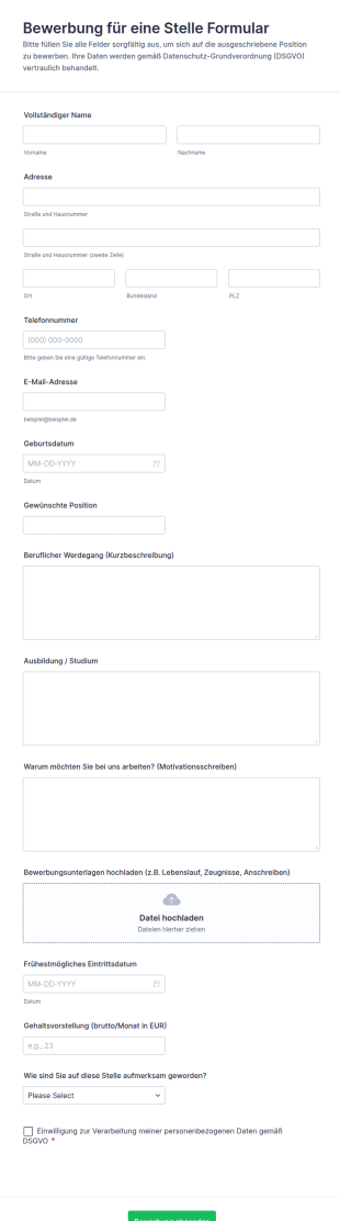 Bewerbung Für Eine Stelle Formular