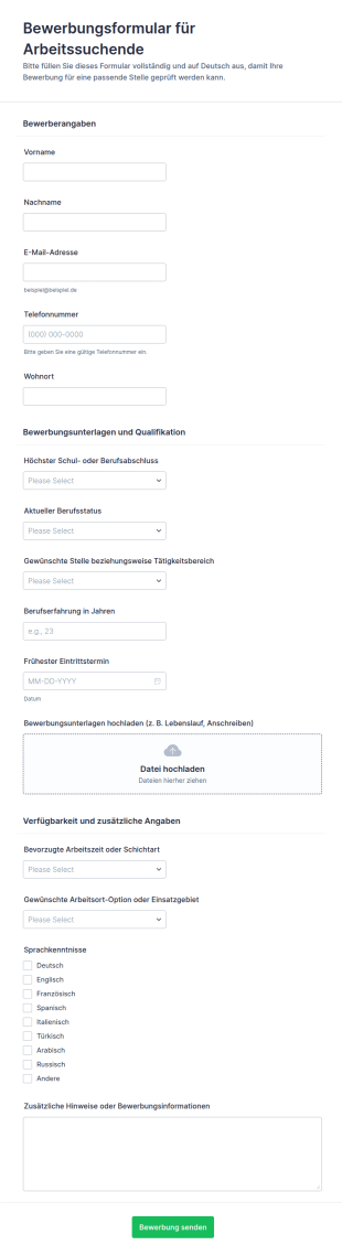 Bewerbung Für Jobangebote Formular