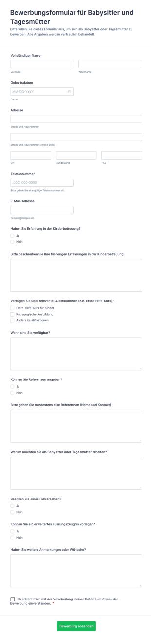 Bewerbungsformular Für Babysitter Und Tagesmütter