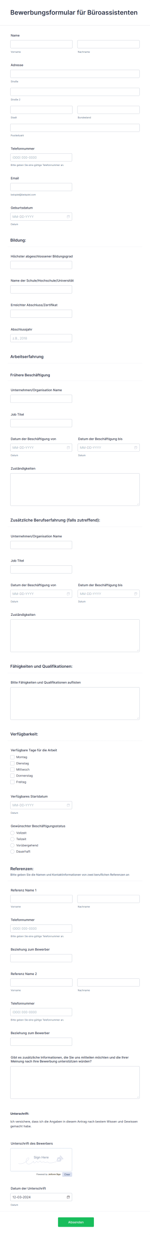 Bewerbungsformular Für Büroassistenten