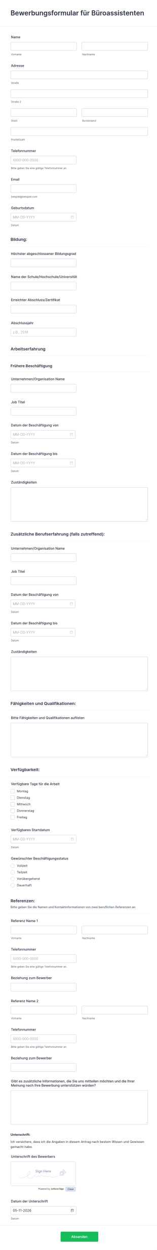 Bewerbungsformular Für Büroassistenten