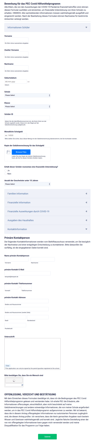 Bewerbungsformular Für Das PEC COVID 19 Hilfsmittelprogramm