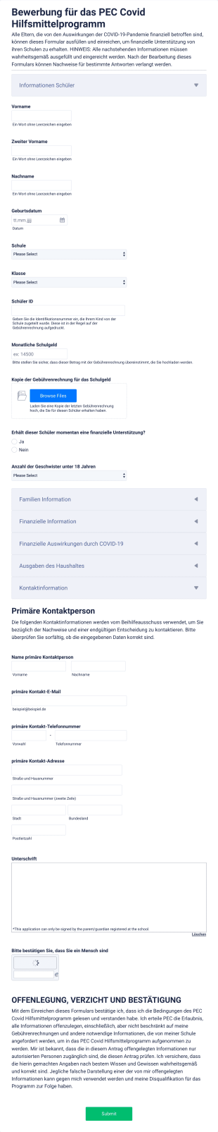 Bewerbungsformular Für Das PEC COVID 19 Hilfsmittelprogramm