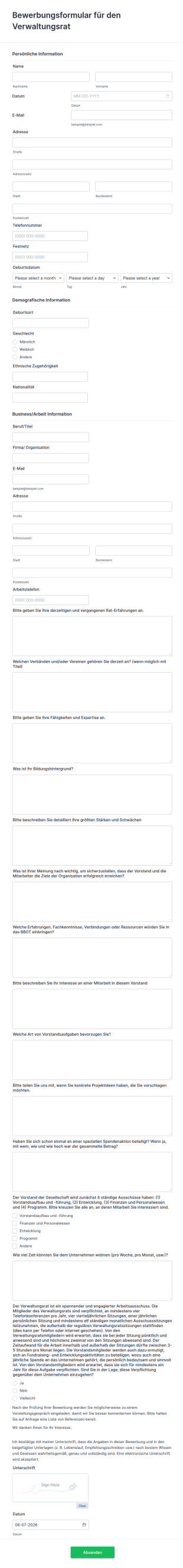 Bewerbungsformular Für Den Verwaltungsrat