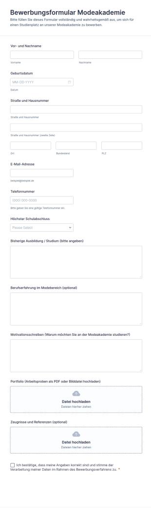Bewerbungsformular Für Die Modedakademie