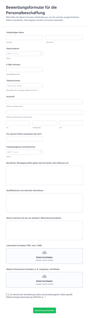 Bewerbungsformular Für Die Personalbeschaffung