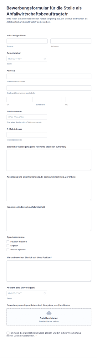 Bewerbungsformular Für Die Stelle Als Abfallwirtschaftsbeauftragte/r