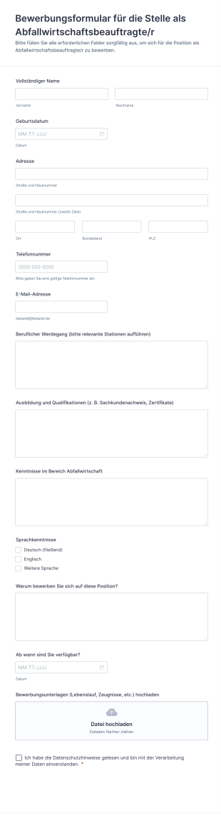 Bewerbungsformular Für Die Stelle Als Abfallwirtschaftsbeauftragte/r