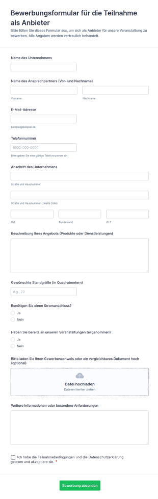 Bewerbungsformular Für Die Teilnahme Als Anbieter