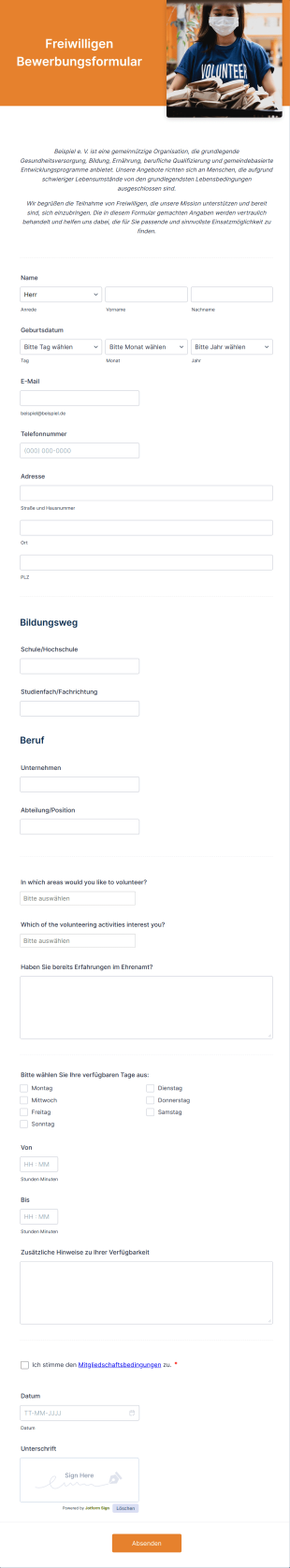Bewerbungsformular Für Ehrenamtliche In Gemeinnützigen Organisationen Form Template