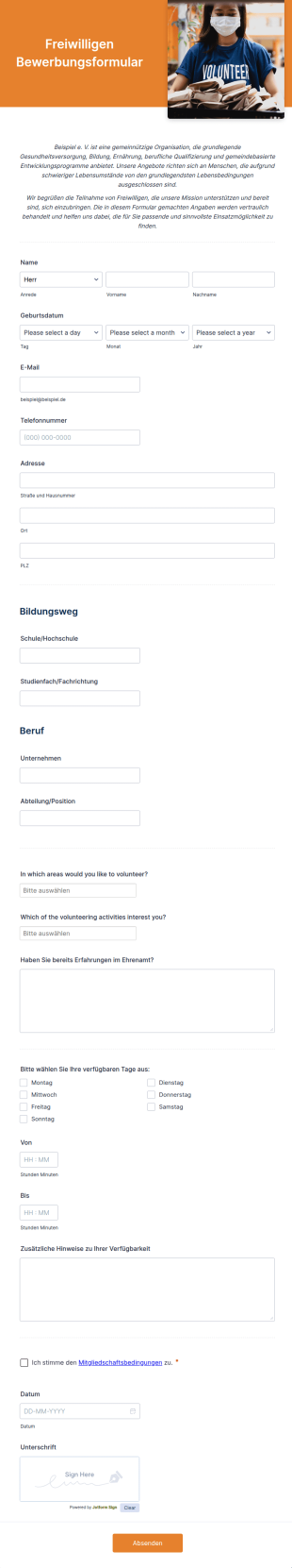 Bewerbungsformular Für Ehrenamtliche In Gemeinnützigen Organisationen