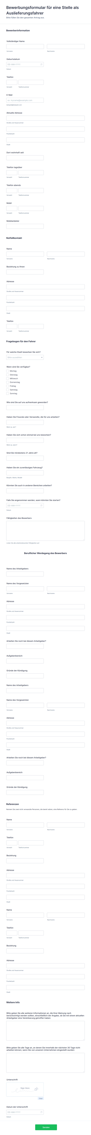 Bewerbungsformular Für Eine Stelle Als Auslieferungsfahrer Form Template