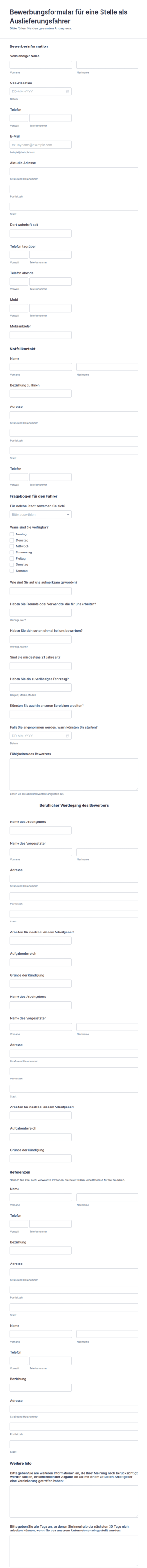Bewerbungsformular Für Eine Stelle Als Auslieferungsfahrer