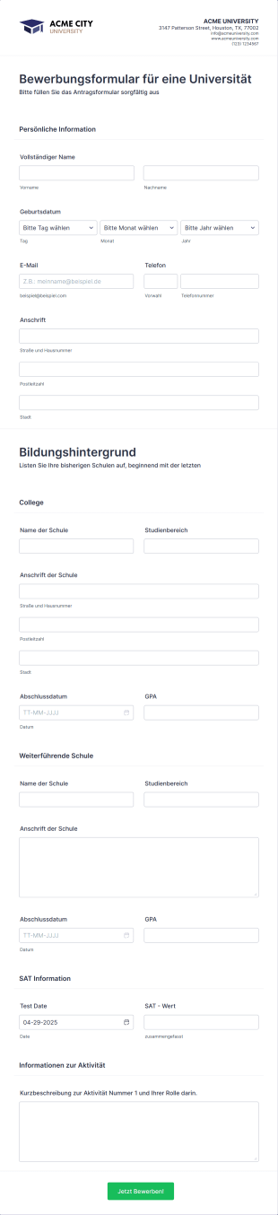 Bewerbungsformular Für Eine Universität