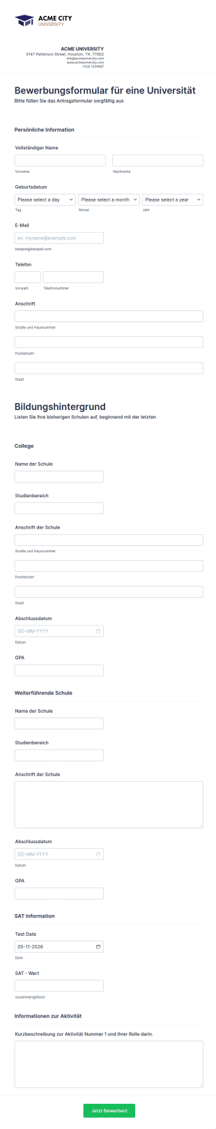 Bewerbungsformular Für Eine Universität