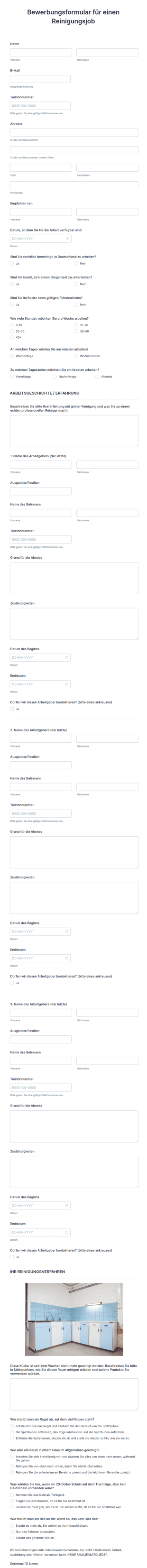 Bewerbungsformular Für Einen Reinigungsjob