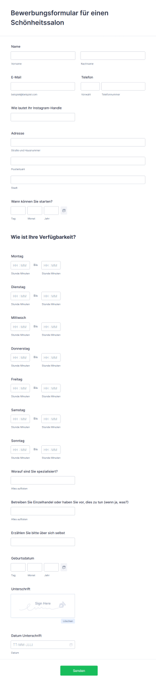 Bewerbungsformular Für Einen Schönheitssalon Form Template