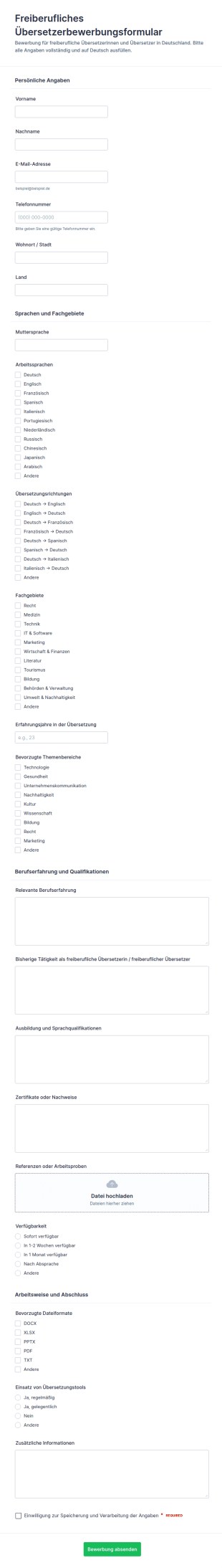Bewerbungsformular Für Freiberufliche Übersetzerinnen Und Übersetzer