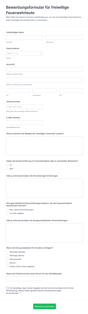 Bewerbungsformular Für Freiwillige Feuerwehrleute