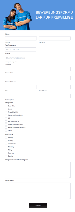 Bewerbungsformular Für Freiwillige Form Template