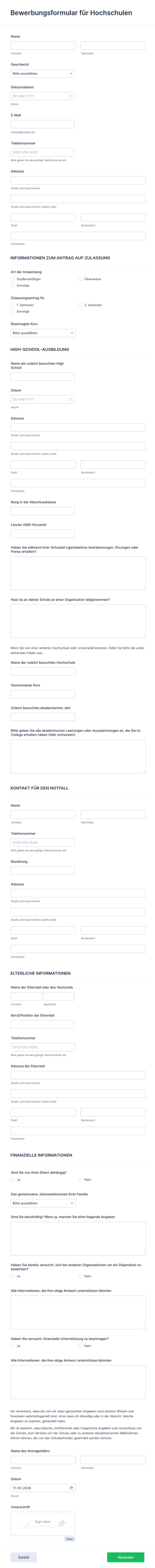 Bewerbungsformular Für Hochschulen