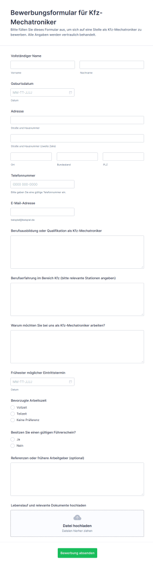 Bewerbungsformular Für Kfz Mechatroniker