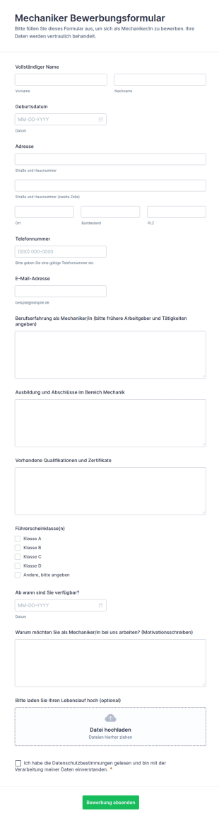 Bewerbungsformular Für Kfz Mechatroniker