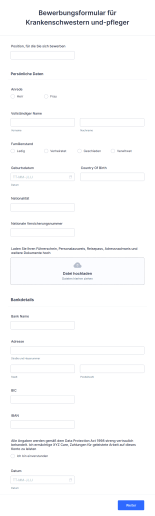 Bewerbungsformular Für Krankenschwestern Und Pfleger Form Template