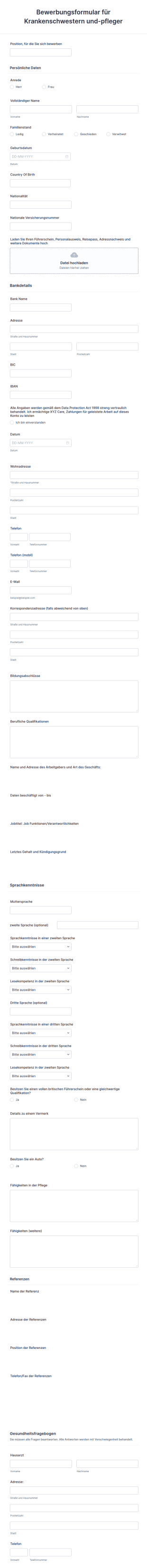 Bewerbungsformular Für Krankenschwestern Und Pfleger