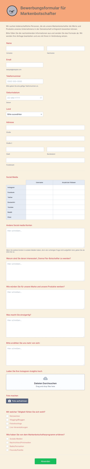 Bewerbungsformular Für Markenbotschafter