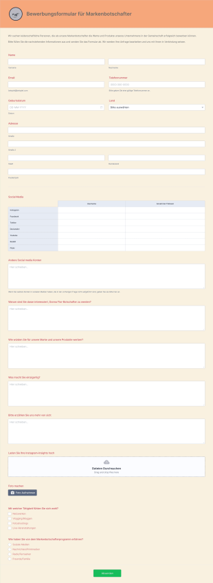 Bewerbungsformular Für Markenbotschafter Form Template