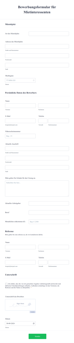 Bewerbungsformular Für Mietinteressenten Form Template
