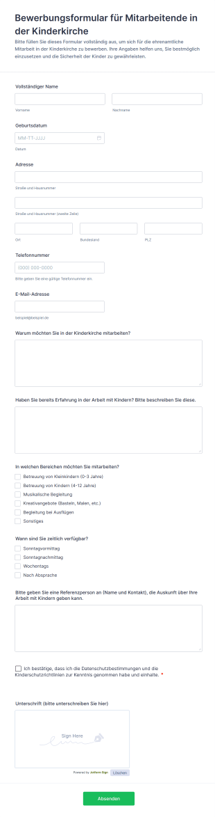 Bewerbungsformular Für Mitarbeitende In Der Kinderkirche
