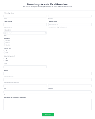 Bewerbungsformular Für Mitbewohner Form Template