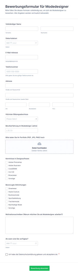 Bewerbungsformular Für Modedesigner