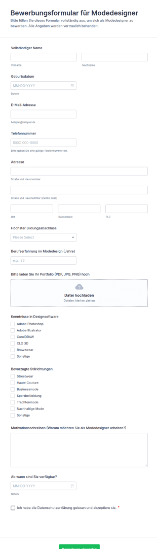Bewerbungsformular Für Modedesigner