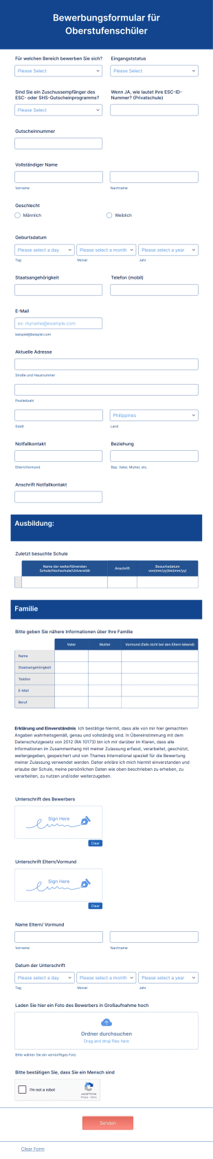 Bewerbungsformular Für Oberstufenschüler Form Template