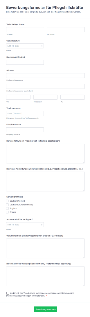 Bewerbungsformular Für Pflegehilfskräfte