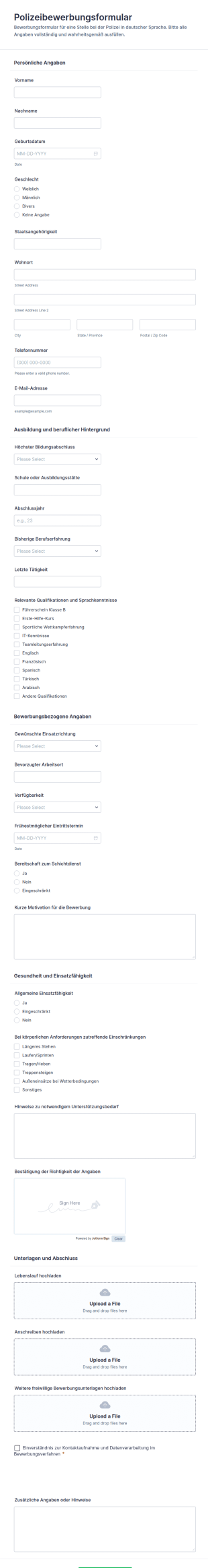 Bewerbungsformular Für Polizeidienststellen