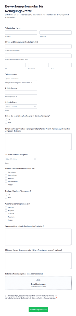 Bewerbungsformular Für Reinigungskräfte