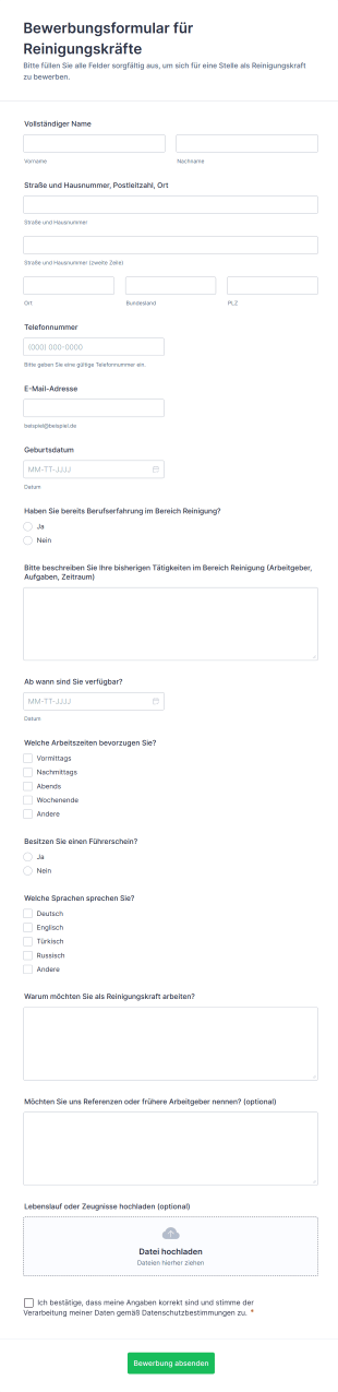 Bewerbungsformular Für Reinigungskräfte | Jotform