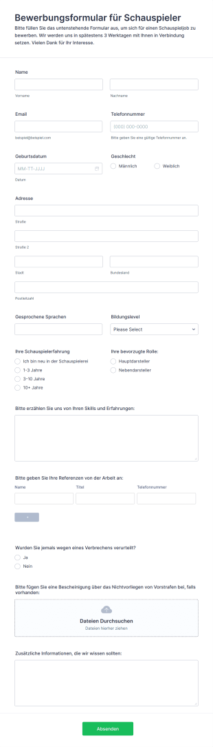 Bewerbungsformular Für Schauspieler Form Template
