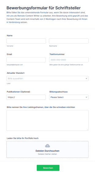 Bewerbungsformular Für Schriftsteller Form Template