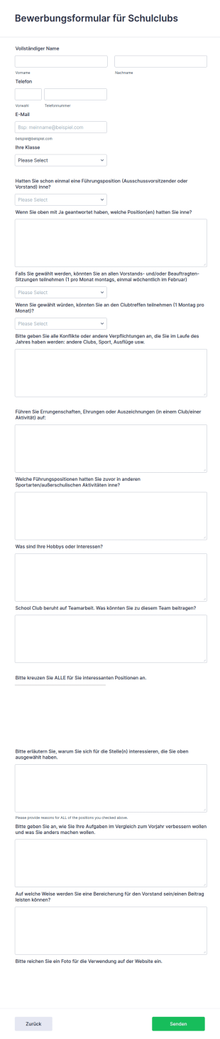 Bewerbungsformular Für Schulclubs